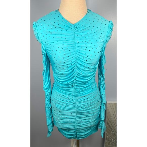Alex Perry Crystal Embellished Ruched Jersey Long Sleeve Blue Mini Dress Sz 2 - Picture 5 of 13